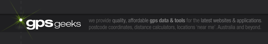 GPS GEEKS: gps data, tools for websites & applications.
postcode coordinates, distance calculators, locations near me. Australia.